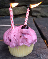 cupcake with two burning birthday candles